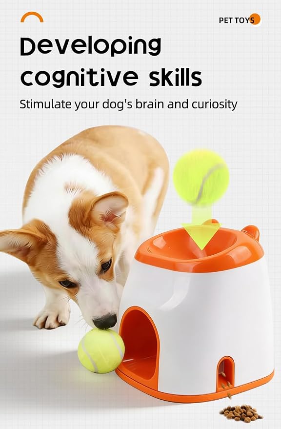 2-in-1 Dog Tennis Ball Launcher & Treat Dispenser, Interactive Spring-Loaded Fetch Toy with Snack Storage, Mental Stimulation & Exercise Toy for Small to Medium Dogs (Durable Tennis Ball Included) ﻿