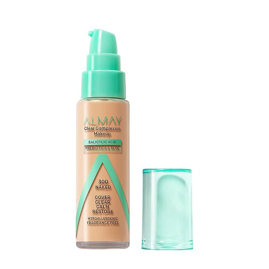 Almay Clear Complexion Acne Foundation Makeup with Salicylic Acid, Medium Coverage, Soft Matte Finish, Hypoallergenic, Cruelty- & Fragrance-Free, Dermatologist Tested, 300 Naked, 1 fl oz
