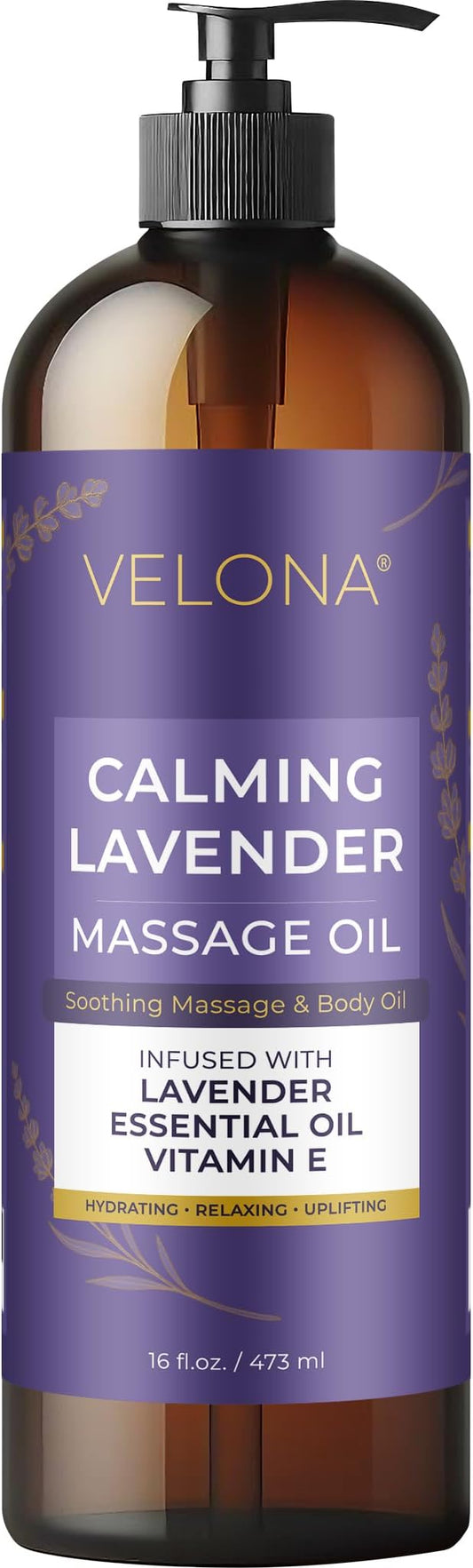 velona Lavender Massage Oil – 16 Fl Oz | Vitamin E & Lavender Essential Oil | Relaxing, Refreshing, Uplifting, Moisturizing Therapy Body Oil | Professional Spa & Home Massage