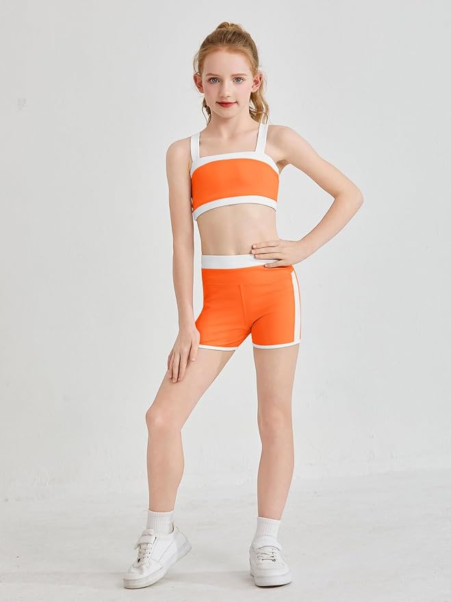 Haloumoning Girls 2 Piece Outfits Athletic Color Block Training Bra and High Waisted Shorts Clothing Sets 5-14Y