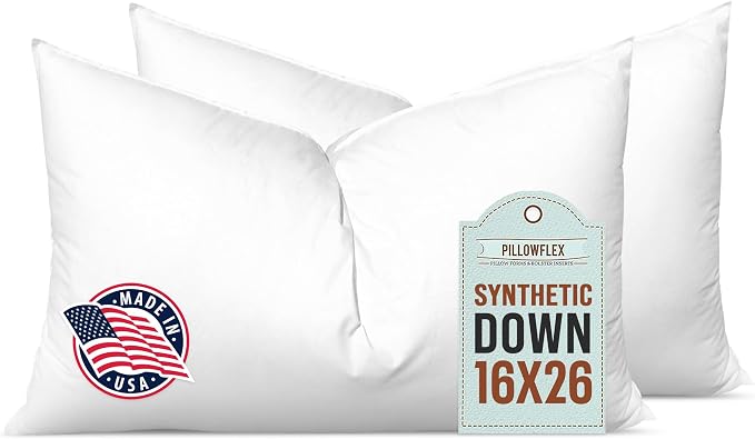 Pillowflex Synthetic Down Pillow Insert 16x26 in - Karate Chop Pillow | Set of 2 - Large Rectangle Sham Forms, Plush Polyester Cotton Blend, Cloud-Like Comfort, Clump-Resistant Fill, Smooth Finish