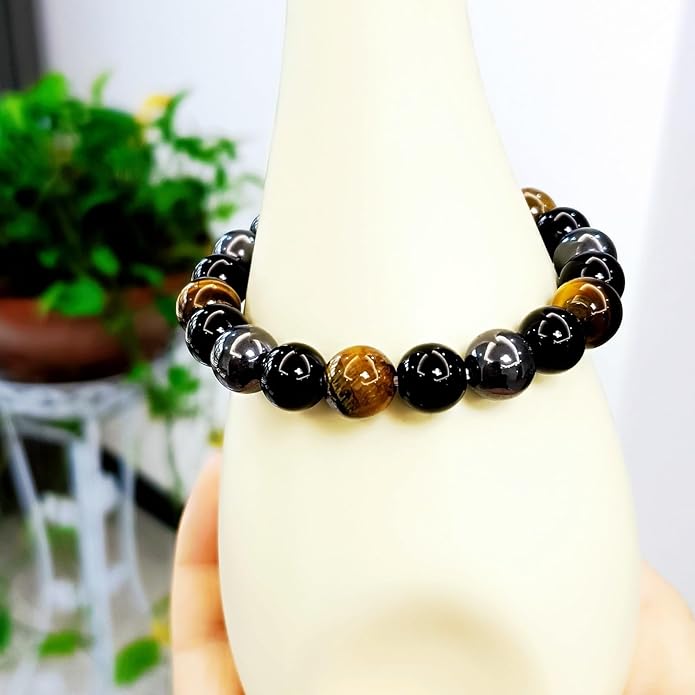 Evil Eye with Hematite Black Obsidian Tiger Eye Stone Triple Protection Bracelets for Men Women, Crystal Healing Stone Bracelet Bring Luck Prosperity and Happiness Jewelry