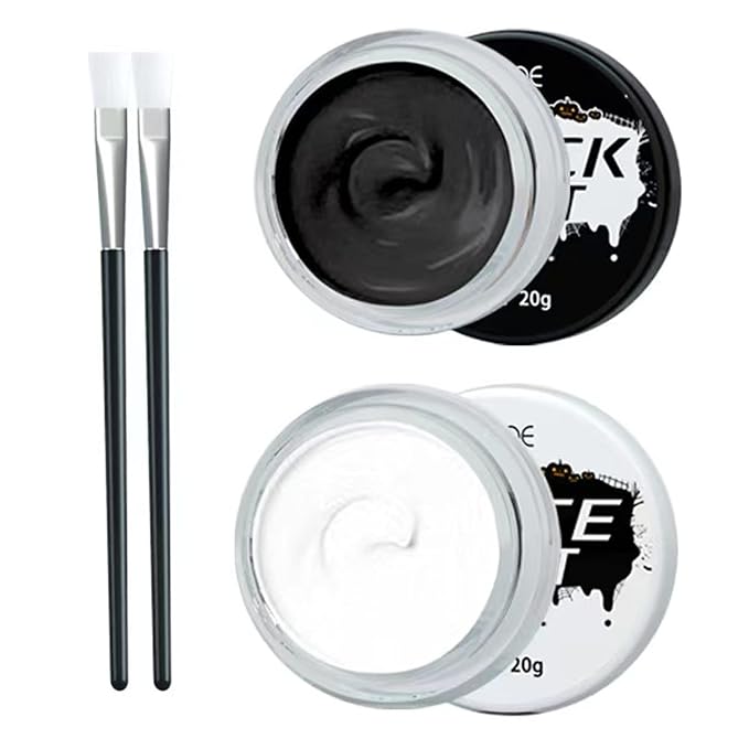 Black and White Face Paint Kit - Halloween Cosplay SFX Makeup, Non-Toxic Body Paint With 2 Professional Brushes for Adults and Kids - Oil-Based Art Painting - Upgrade