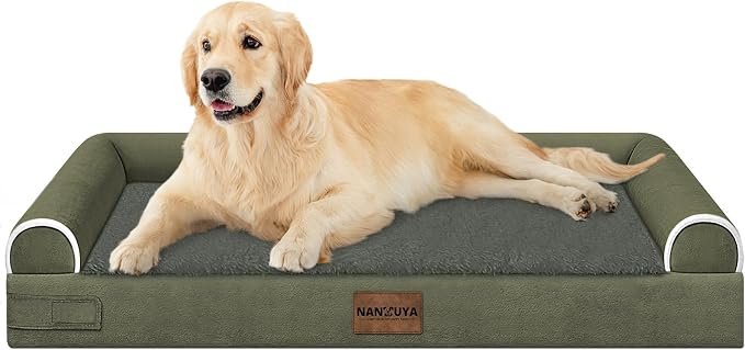 Orthopedic Dog Bed for Large Dogs, 36 x 27 Inch, Dark Green | Egg crate foam for joint support, 3-sided bolster pet sofa, waterproof lining, washable cover, and non-skid base