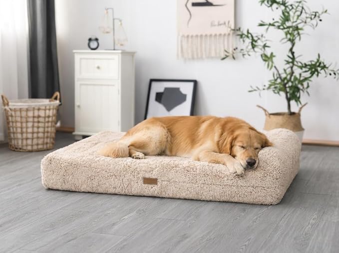 Orthopedic Memory Foam Dog Bed 7" Inch Thick Extra Large Dog Bed with Pillow Fluffy Brown 50"x34"x10" Includes Waterproof Liner & Durable Removable Cover with Smart Design