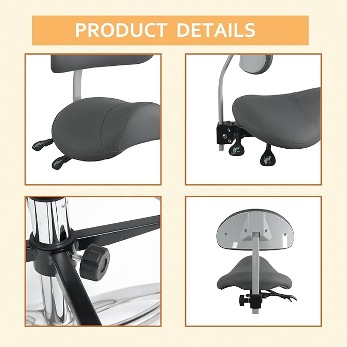 Saddle Stool Chair with Back Support Footrest, Heavy-Duty(350LBS), Hydraulic Rolling Swivel Adjustable Stool Chair for Salon Spa Beauty Massage Dental Clinic Home Office Use(Grey)