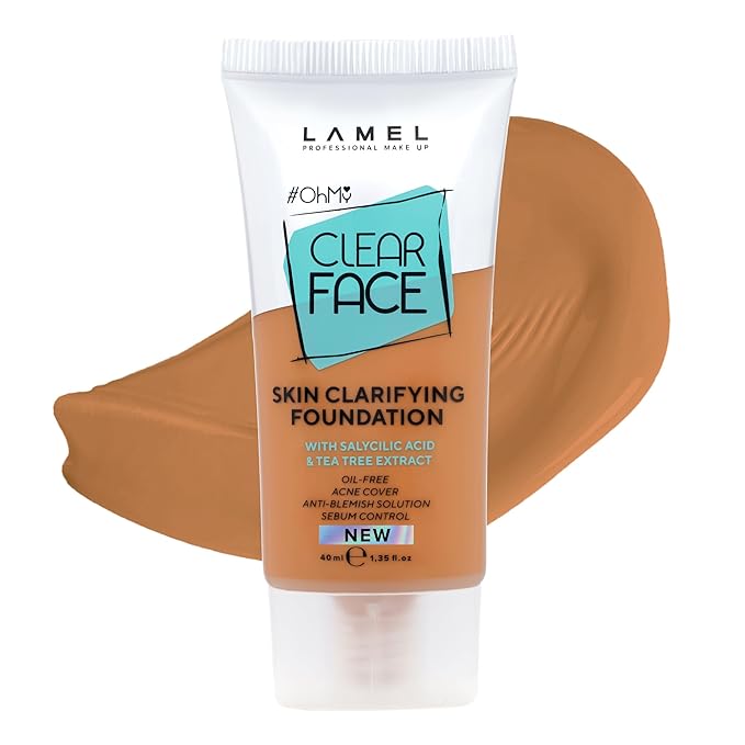LAMEL Oh My Clear Face Full Coverage Foundation for Oily & Acne Prone Skin, Salicylic Acid & Tea Tree Extract, Anti-Blemish Sensitive Skin Care, Organic & Oil-Free, 408 Golden, 40 ml / 1.35 fl.oz