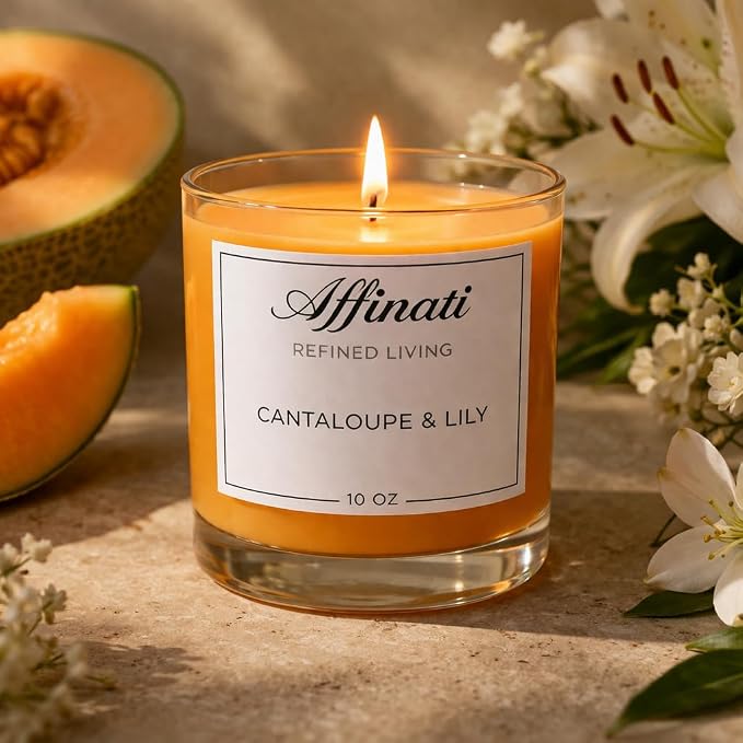 Cantaloupe & Lily Affinati 10 oz Scented Candle for Home – Long Lasting Fruity Soy Blend Candle with Wooden Wick, Strong Scent Throw Glass Jar Candles, Premium Clean Burning Aromatherapy Gifts