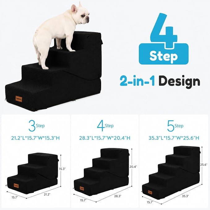 4-Step Dog Stair and Ramp for Small Dogs and Cats, Pet Steps for Bed with Non-Slip Bottom, Black