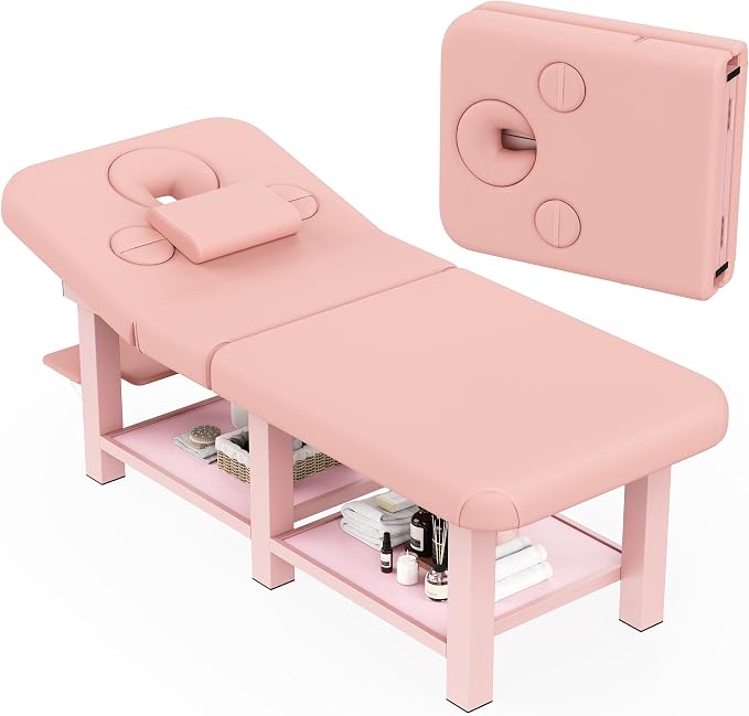 Extra Large 34''×80'' Folding Stationary Massage Table with Adjustable Backrest, Heavy-Duty Metal Frame PU Leather Treatment Bed for Spa, Physical Therapy, Tattoo, Facial & Medical Exam - Pink