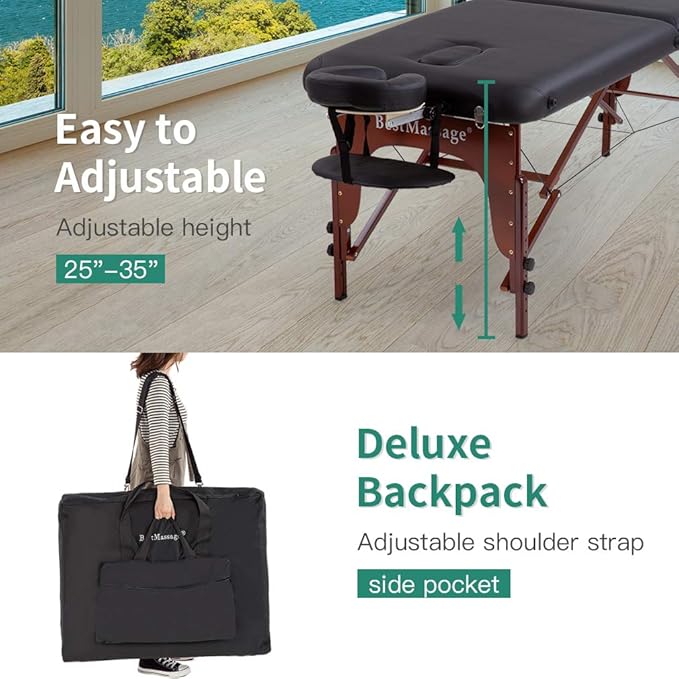 BestMassage Massage Bed Portable Massage Table 2 Fold Lash Bed Height Adjustable PU Leather with Oxford Bag for Spa Salon