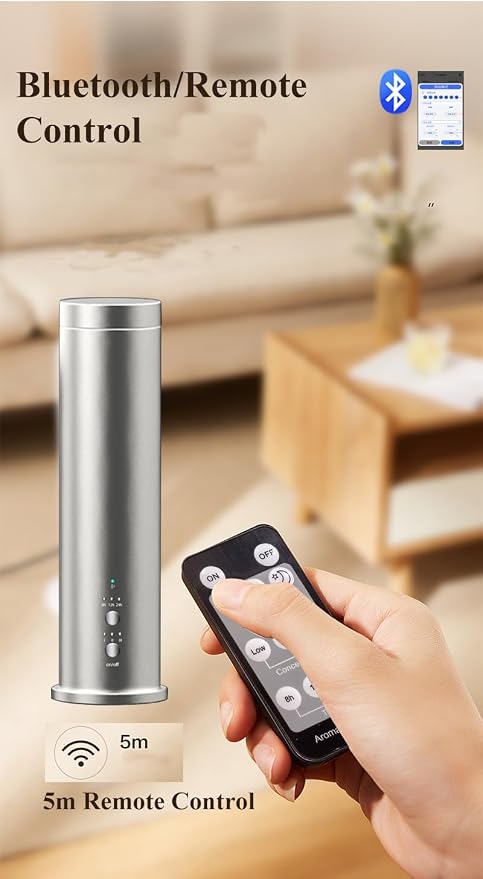 Waterless Essential Oil Diffuser 1000 Sq Ft, Nebulizing Diffuser with Remote & Timer, Adjustable Mist, Mood Light, Plug-in Aromatherapy for Home Office Hotel, Silver M202S