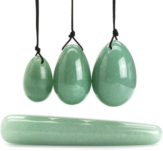 AITELEI 4Pcs Set Jade Yoni Eggs Stick,3 Pcs Drilled Natural Green Aventurine Quartz Crystal Jade Eggs Massage Stone + 1 Pcs Massage Stick for Women Kegel Exercise Strengthen Pelvic Floor Muscles