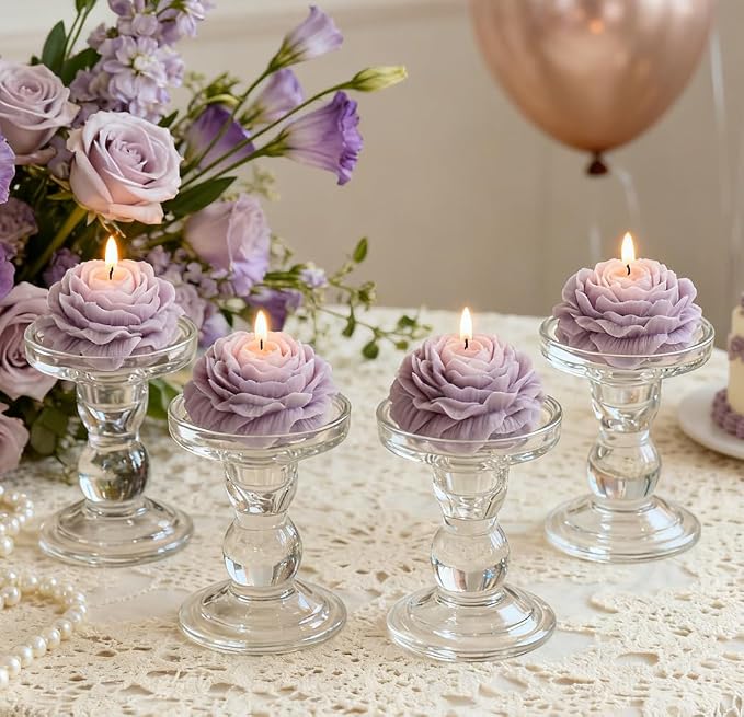 4 Pack Peony Flower Shaped Decorative Scented Candles, Floral Aromatherapy Decor for Wedding Bridal Shower, Dessert & Flower Cake Table, Birthday Gifts for Women Mom Wife (Purple)