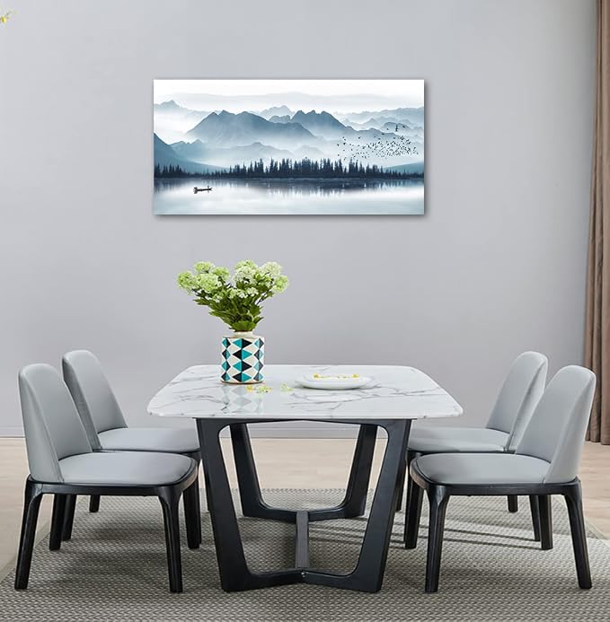 arteWOODS Indigo Canvas Wall Art - Misty Mountain & Foggy Lake Boat Painting - Grey Blue Forest Birds - 20" x 40" Canvas Wall Decor for Living Room