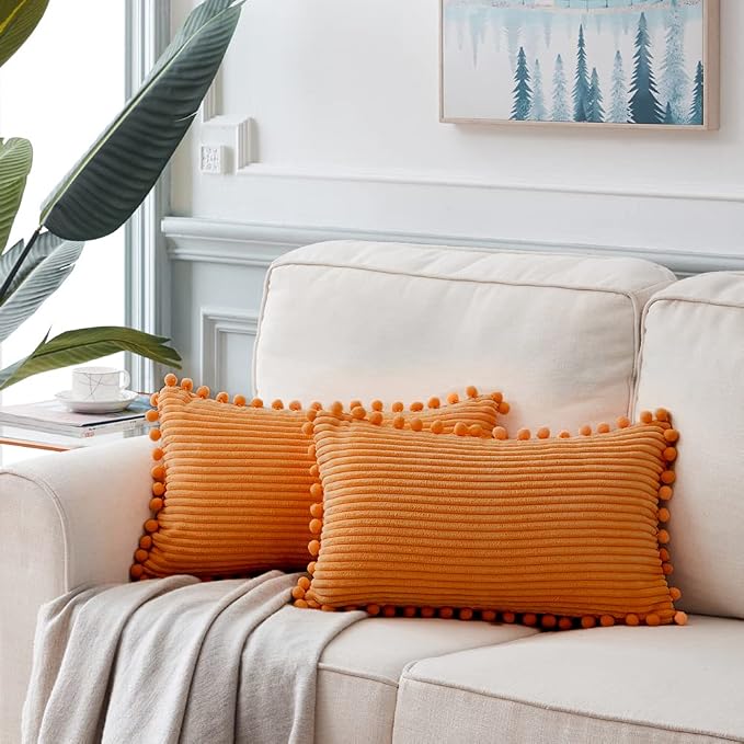 Fancy Homi Pack of 2 Fall Lumbar Decorative Throw Pillow Covers with Pom-poms, Soft Corduroy Solid Rectangle Cushion Cases for Couch Sofa Bed Living Room, Fall Home Decor (14x24 Inch/35x60 cm, Orange)