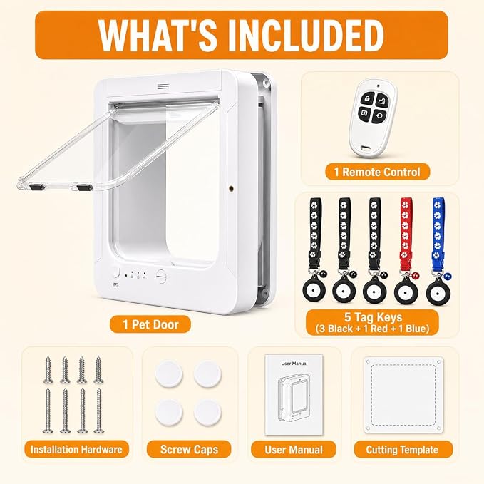 Smart Cat Door with Remote Control, White Pet Flap with 5 Collar Tag Keys, 4 Locking Modes, Selective Entry Door for Cats & Small Dogs