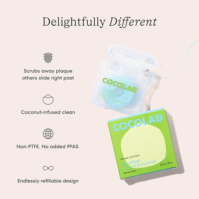 Cocolab Woven Dental Floss, Dentist-Designed Oral Care, Coconut Scent, Waxed, Expanding, Kid-Friendly String Floss with Coconut Oil, 4 Spools (33 yd Each)