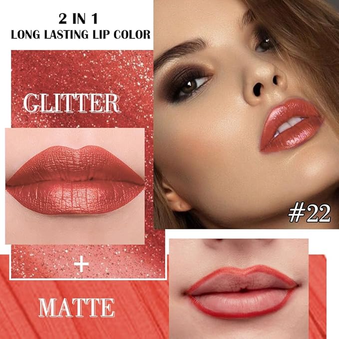 evpct Orange Metallic Shimmer Lip Liner and Lipstick Combo Lip Gloss Stain Set Makeup for Women Long Lasting Waterproof 24, Orange Frosted Metallic Shimmer Glitter Glossy Iridescent Liquid Lipstick 22