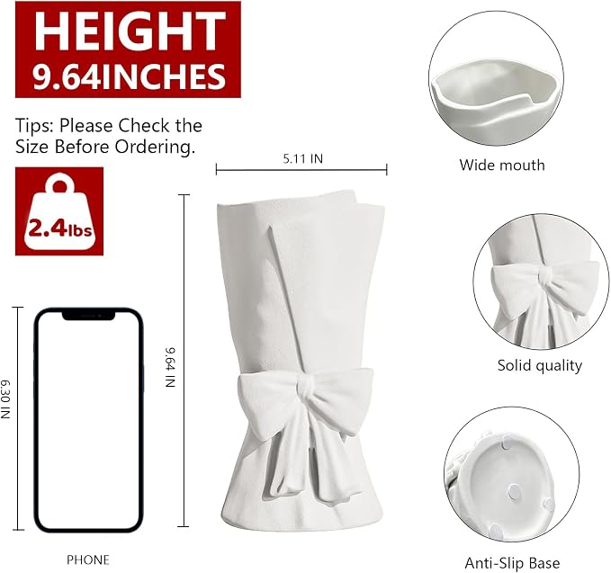 Relexome White Ceramic Bow Vase Unique Cute Decorative Bouquet Flower Vases 9.64 in Summer Home Decor Vase