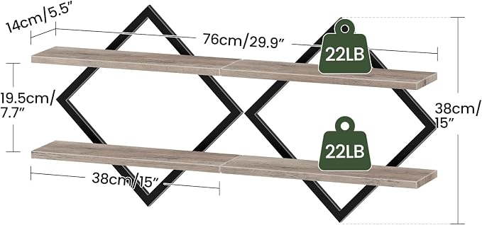 Floating Shelves for Wall, Set of 2 Wall Mounted Shelves, 2-Tier Hanging Shelves, for Living Room, Bedroom, Kitchen, Office, Study, Greige TBJ01P2BG