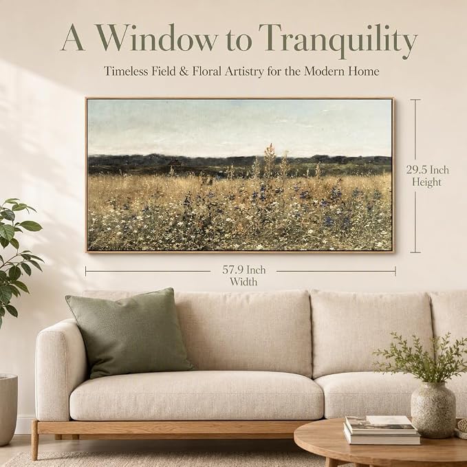 DJSYLIFE Oversized Framed Wall Art, Wildflower Landscape, 29.5 x 57.9 Inch | Extra Large Painting, Vintage Canvas Prints, Ready to Hang, Classical Flowers Pictures, Farmhouse Living Room Bedroom Decor