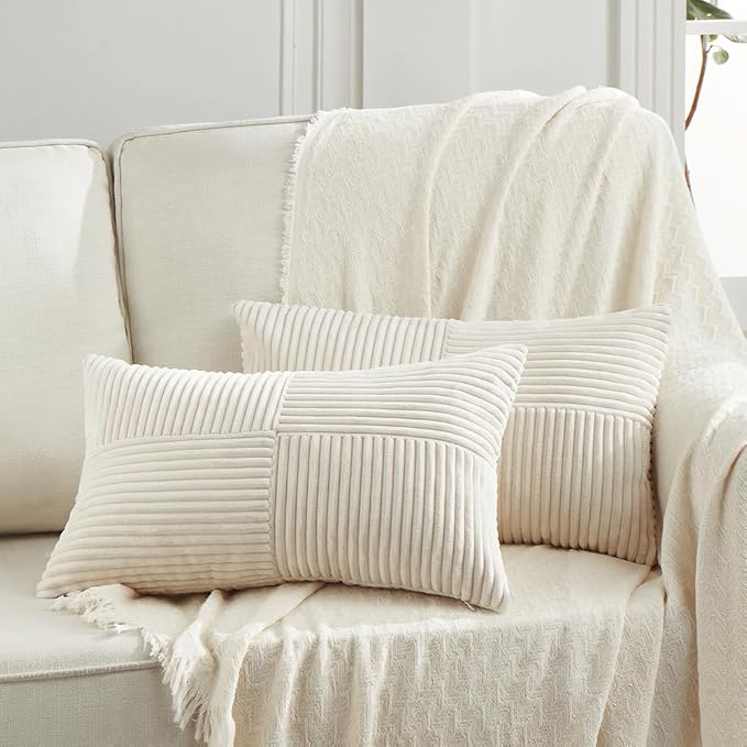 Fancy Homi Set of 1 Cream Long Lumbar Decorative Throw Pillow Covers 12x24 Inch for Couch Bed Sofa, Rustic Farmhouse Boho Home Decor, Soft Striped Corduroy Rectangle Accent Cushion Case 30x60 cm