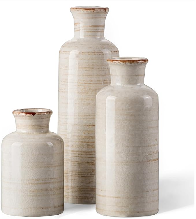 3Pcs White Rustic Ceramic Vases, Farmhouse Vases for Home Decor | Decorative Vases for Dining Table, Living Room, Kitchen, Bedroom, Shelf, Fireplace