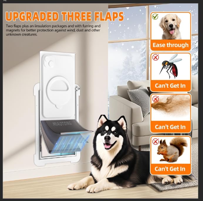 3-Flap Never Rust Extra Large Dog Door for Wall with Sliding Lock Panel | Steel Frame & Telescoping Tunnel Pet Door, Extreme Weather Durable, Weatherproof Doggy Door for Wall (Pets Up to 220 Lb)