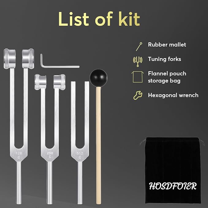 Tuning Forks for Healing Set (128Hz, 256Hz, 512Hz), Tuning Fork with Reflex Hammer for Healing/Frequency Instrument/Sound Therapy/Chakra/Yoga and Meditation Tools (Silvery), Stress Relief Gift