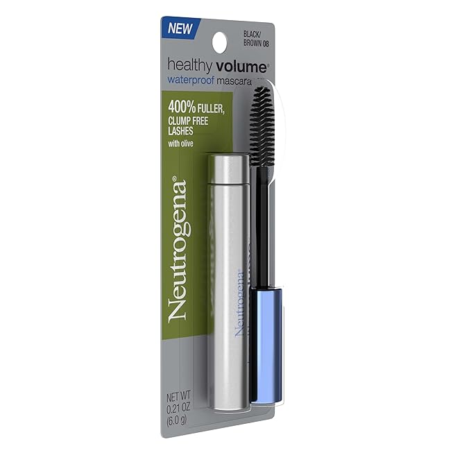 Neutrogena Healthy Volume Lash-Plumping Waterproof Mascara, Volumizing and Conditioning Mascara with Olive Oil to Build Fuller Lashes, Clump-, Smudge- and Flake-Free, Black/Brown 08, 0.21 oz