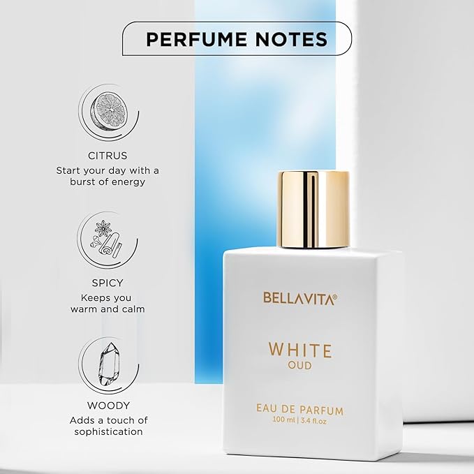 Bellavita Luxury White Oud Eau de Parfum | 100 ml (3.4 fl.oz.) | Perfume for Men and Women | Fruity, Artemisia Lemon, Freesia, and Tobacco Notes | Long Lasting Unisex Fragrance