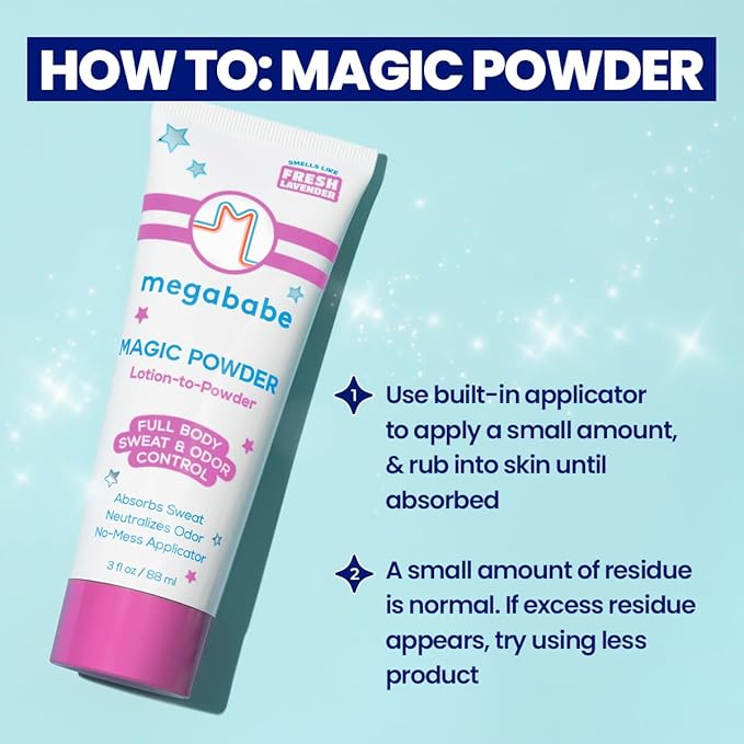 Megababe Sweat & Odor Absorbing Lotion - Magic Powder Stay-Dry Lotion to Powder | Spring Break Must-Have | Aluminum-Free, Talc-Free | 3 fl oz