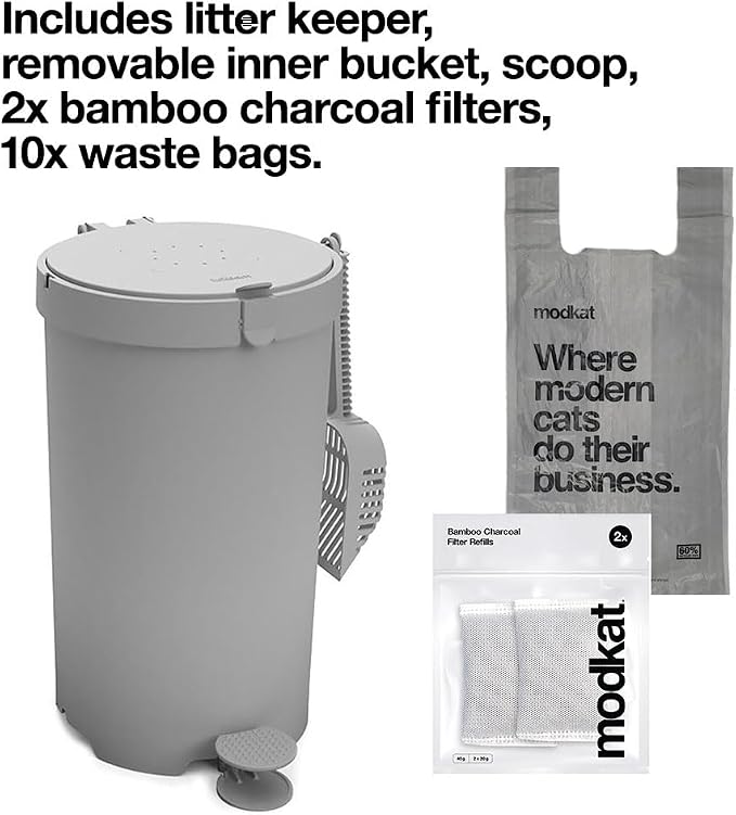 Modkat Litter Keeper, Cat Litter Disposal, Scoop, Filters & Bags, White | Odor-sealing litter disposal includes a scoop, charcoal filters and recycled waste bags