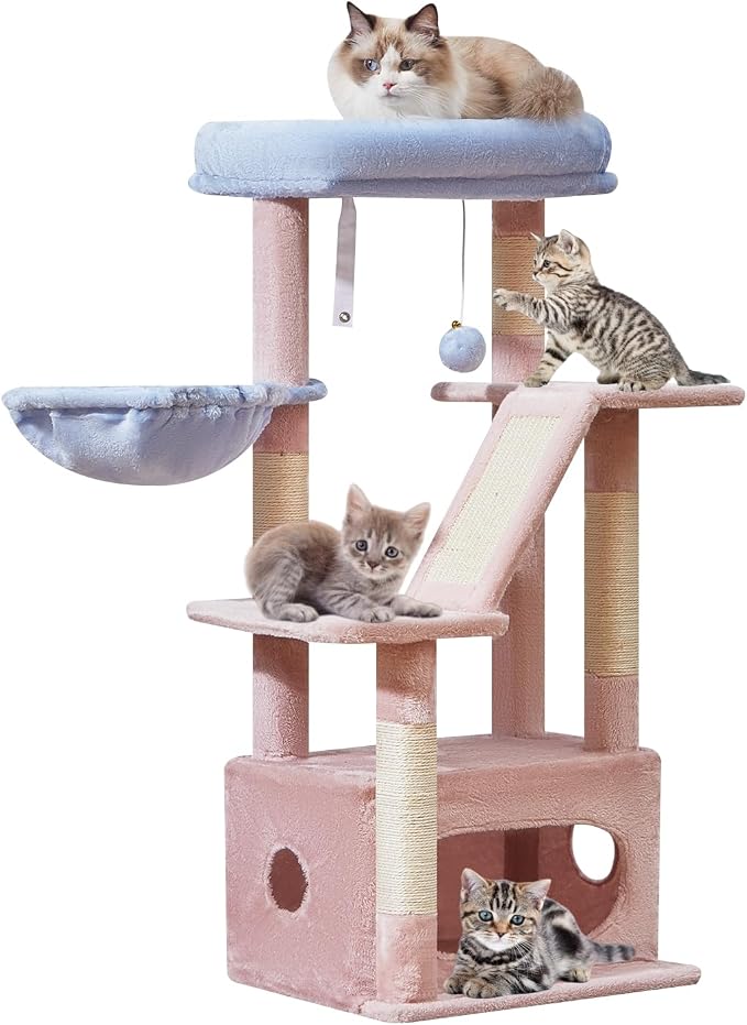 Taoqimiao Cat Tree, 38.5In Cat Tower for Indoor Cats, Suitable for Kittens | Thick Padded Top Perch, Luxurious Cat Condo, Adjustable Basket, 1-Piece Ramp Scratcher, 3 Sisal Posts, Pink&Blue, MS029SPB