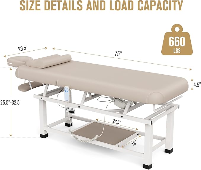Dolonm 30 Wide x 75 Long Heavy Duty Electric Stationary Massage Table with Backrest Adjustable and Storage Space for Treatment/Medical Spa/Facial/Beauty/Massage Bed and More - Beige Gray