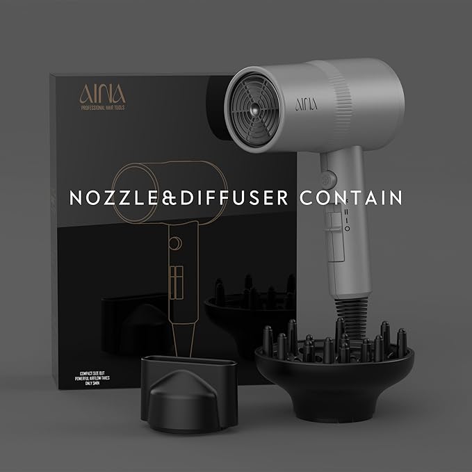 AINA Hair Dryer with Diffuser, Blow Dryer for Women | Advanced Ionic Technology, Ceramic Coating | Cold Shot Features Turbo Heat for Fast Drying and Shine 110V/ALCI (Ash Grey)