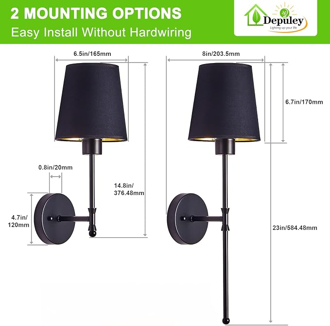 Depuley Battery Operated Wall Sconce: 24" Set of 2 Wireless Wall Lights with Remote for Bedroom - Rechargeable 15 Colors Black Wall Lamp for Living Room Hallway Home Decor