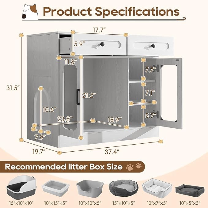Cat Litter Box Enclosure Furniture with Glass Doors & LED Light, Large Hidden Litter Box Cabinet with Drawers and Adjustable Shelf, Modern Cat Litter Box Cover Side Entry for Living Room Bedroom,White