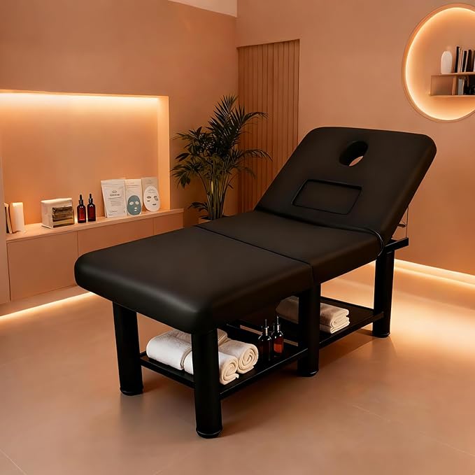 Stationary Massage Table with Storage Space & Backrest, Alloy Steel Frame Massage Bed PU Leather with Open-Chest, Adjustable Spa Facial Bed for Treatment Physical Therapy Table & Salon Equipment
