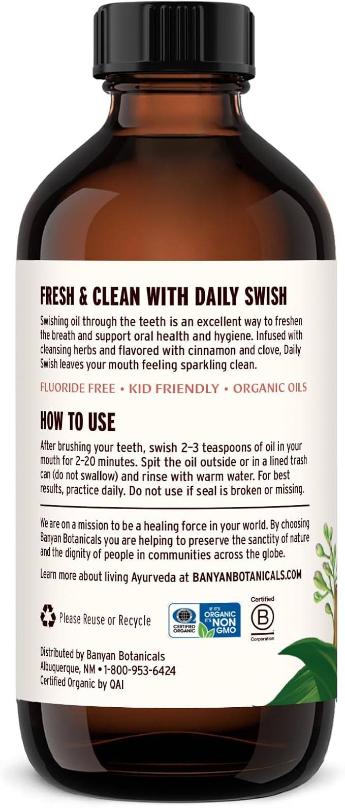 Banyan Botanicals Cinnamon Daily Swish – Organic Ayurvedic Pulling Oil with Coconut Oil – Mouthwash for Fresh Breath and Sparkling Oral Health* – 8 oz – Non GMO Sustainably Sourced Vegan
