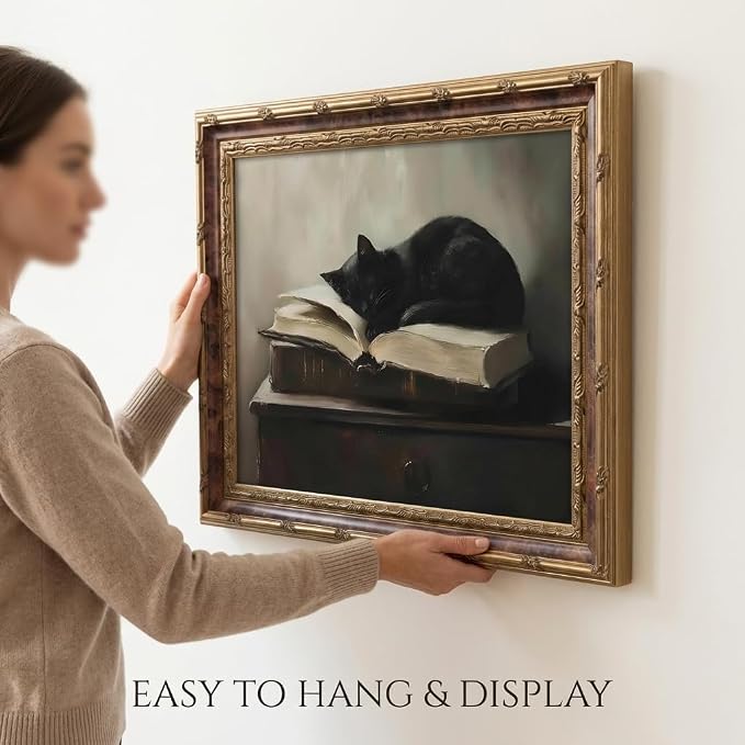 Vintage Moody Gothic Black Cat Wall Art, Dark Academia Cat Canvas Print, | Sleeping Cat on Antique Books Painting Poster, Literary Picture Wall Decor for Living Room Bedroom Office 16x24 In