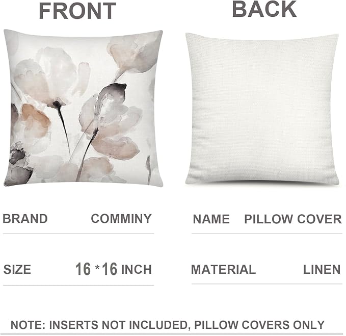 COMMINY Brown Grey Pillow Covers 16x16 Set 6 Watercolor Flower Cover | watercolor flower, decorative cushion cover, Breathable Linen, Accent pillow chair small Sofa, spring summer Decor