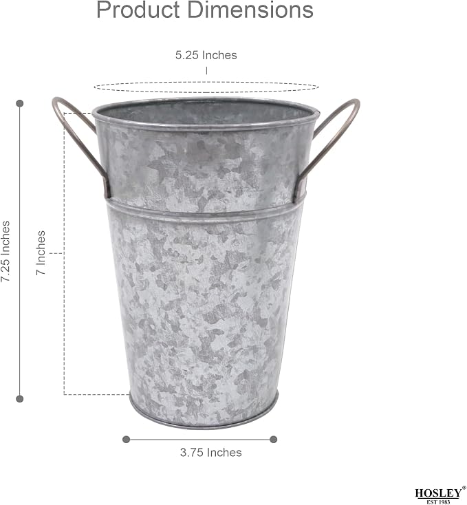 Hosley Set of 2 Galvanized Finish Bucket Vase with PVC Liner 5" Dia x 7" H, Ideal Gift for Floral Arrangements Wedding Home Office Party DIY Indoor Outdoor Garden Patio
