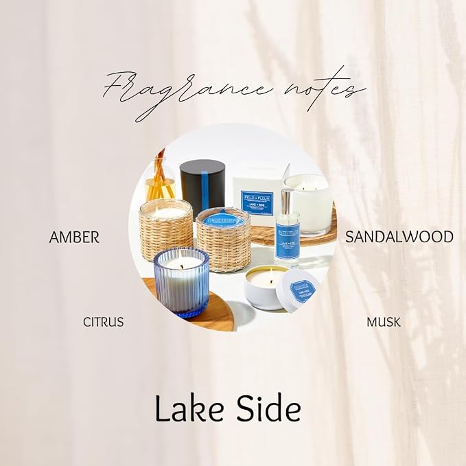Lake Side Scented Candle – Luxury 12oz Soy Wax, 2-Wick Handwoven Glass Jar, Sparkling with Amber, Aquatic accords, Citrus and Coconut– Santal Candle, 75+ Hour Clean Burn, USA Made