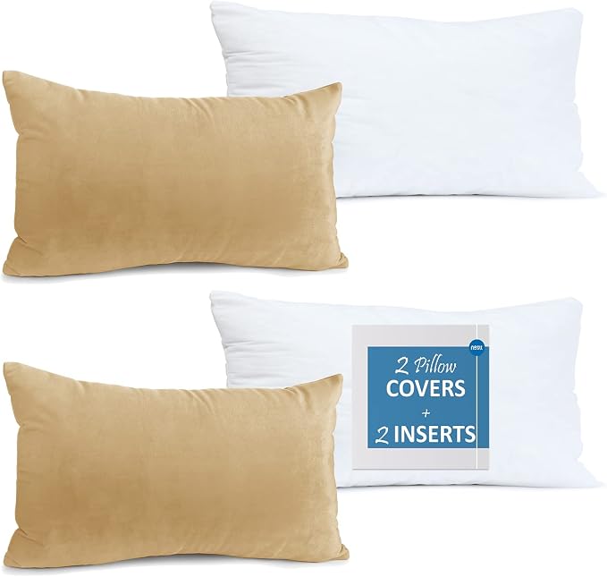 Throw Pillow Inserts Pack of 2 with Velvet Soft Solid Decorative Square Throw Pillow Covers Set for Sofa Couch Car Bedroom, 12X20 Throw Pillows Inserts with 12x18 Washable Cushion Covers, Camel Gold