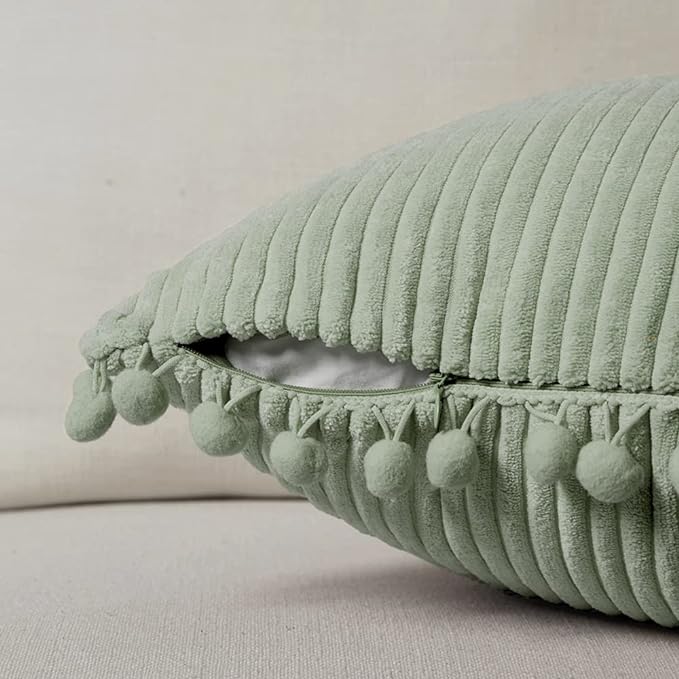 Fancy Homi Set of 2 Sage Green Decorative Throw Pillow Covers 12x12 Inch with Pom-poms for Couch Bed Sofa, Modern Farmhouse Boho Home Decor, Soft Plush Corduroy Cute Cushion Case 30x30 cm