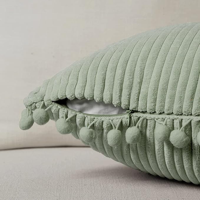 Fancy Homi 2 Pack Sage Green Lumbar Decorative Throw Pillow Covers 14x24 Inch with Pom-poms for Couch Bedroom Sofa, Farmhouse Boho Home Decor, Soft Corduroy Solid Rectangle Cushion Case 35x60 cm