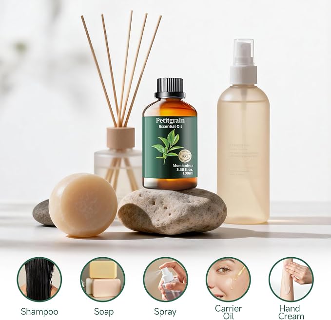 Petitgrain Essential Oil, Pure Mumianhua Natural Citrus‑Woody Aroma for Bedtime Serenity & Pillow Mist, Evening Wind‑Down, Diffuser, Skin, Hair, Candle Making – 3.38 Fl Oz