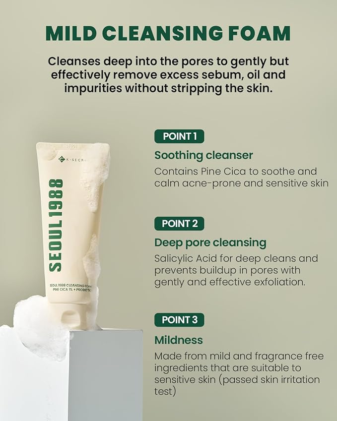K-SECRET SEOUL 1988 Cica Cleansing Foam – Deep Pore Cleansing & Soothing Care | Daily Facial Cleanser for Sensitive Skin | Korean Skincare, 150ml / 5.07 fl oz